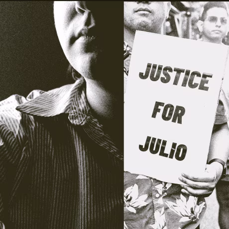 Collage of Tyler Burt, Julio Ramirez's vigil, and framed photos of John Umberger and his mother, Linda Clary