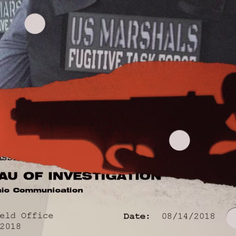 Photo Illustration of US Marshals working an operation; a silhouette of a handgun; and a report of an officer involved shooting from the FBI.