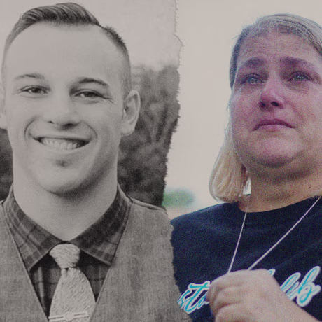 Photo illustration of the gun used that killed Caleb Slay in Missouri; Caleb Slay; Slay's mother, Tina, cries.
