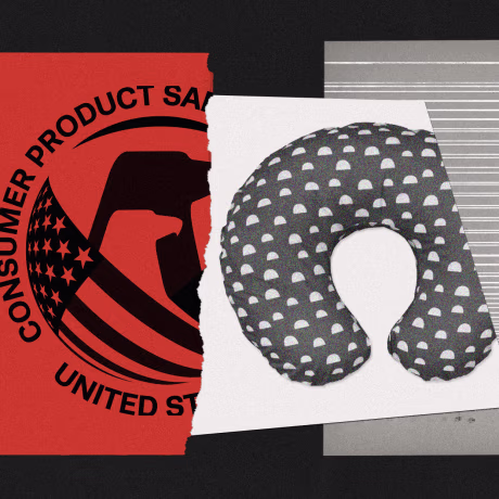 Collage of CPSC logo, nursing pillow, line drawing of window blinds, and baby lounger