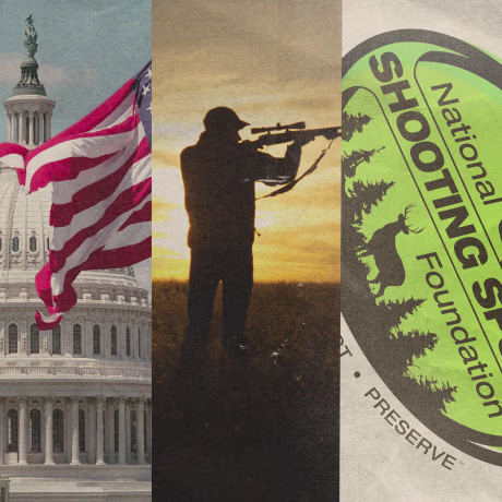 Photo illustration of rifle ammo, the Capitol in Washington, a man holding a hunting rifle, and the National Shooting Sports Foundation logo.