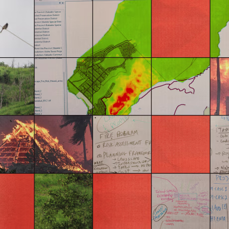 Photo illustration of a grid showing a fire mapping computer program, the Lahaina wildfire burning in 2023, and a white board with notes.