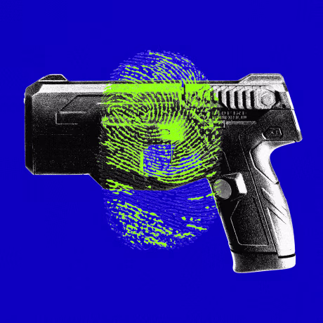 Photo illustration of Biofire gun with fingerprint overlaid atop it