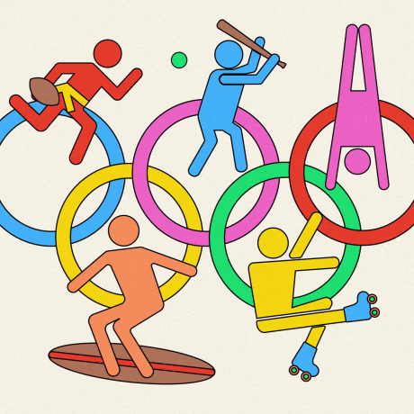 Illustration of figures playing various sports within Olympic rings 