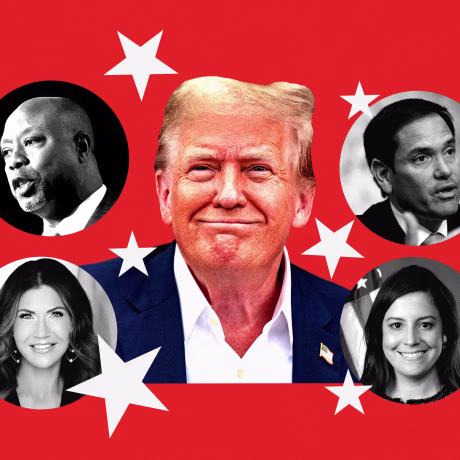 Photo collage of Donald Trump and potential VP candidates: Marc Rubio, Sara Huckabee Sanders, Elise Stefanik, Kristi Noem, Ben Carson, and Tim Scott