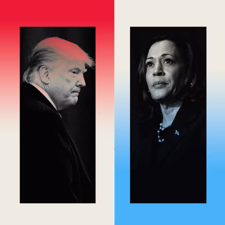 Photo illustration of side-by-side images of Trump and Harris 