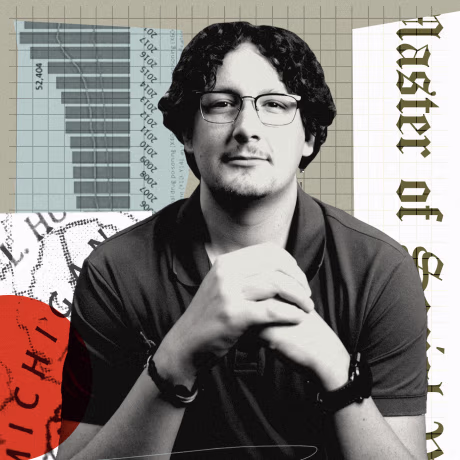 Photo illustration of Austin Urlaub surrrounded by graphs and a slip of paper that reads "Master of Social Work"