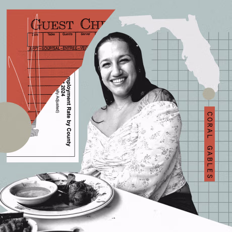 Photo collage of slip of paper that reads "Guest Check" next to an image of a smiling woman at a restaurant table alongside an illustration of the state shape of Florida