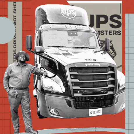 Photo collage of man standing next to UPS truck against orange background; text on the right and left of the frame reads: "Teamster Driver Fact Sheet" and "UPS Teamsters"