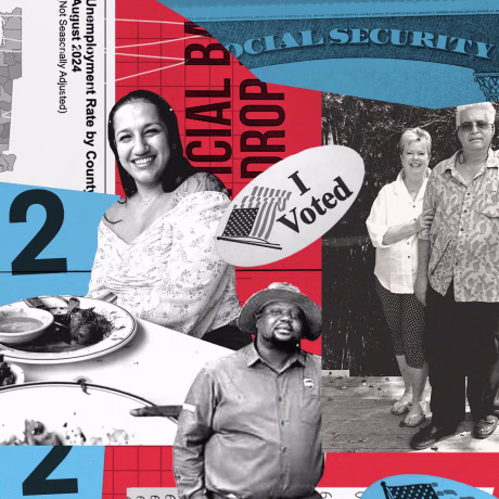 Photo collage of various people surrounded by elements that read "I Voted" and "Social security" and "unemployment rate"