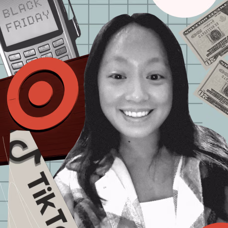 Photo collage of subject Kaitlin Sonday alongside the Target and TikTok logos and a credit card reader that reads "Black Friday"
