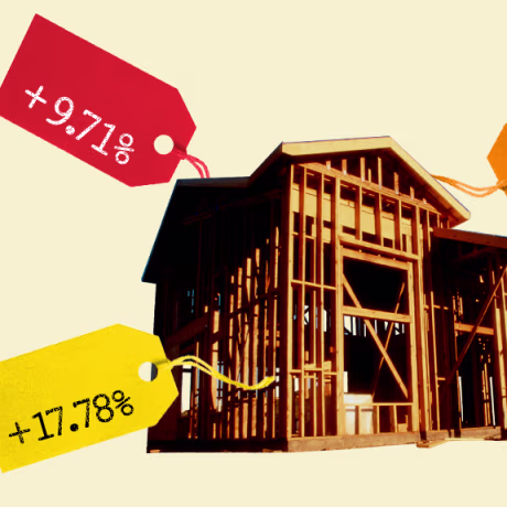 Photo Illustration: A house under construction with price tags attached