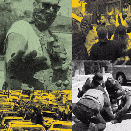 A collage of videos and scenes of ICE officers detaining and searching for people.