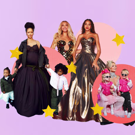 collage of rihanna, beyonce, and paris with their children