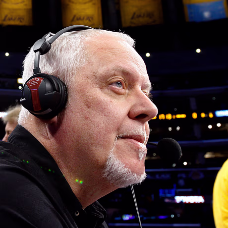 Los Angeles Laker announcer Lawrence Tanter before the start of the LakersTimberwolves game at Sta
