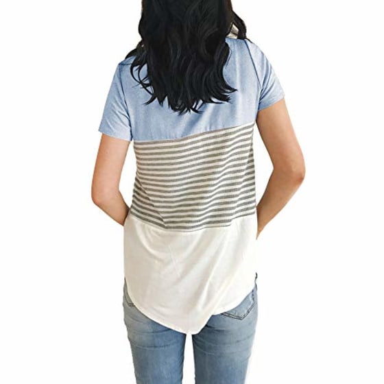 YunJey Short Sleeve Round Neck Triple Color Block Stripe T-Shirt Casual Blouse Yellow