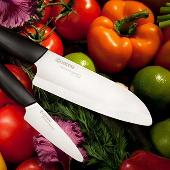 Kyocera Advanced Ceramic Revolution Series 5-1/2-inch Santoku Knife, Black Handle, White Blade