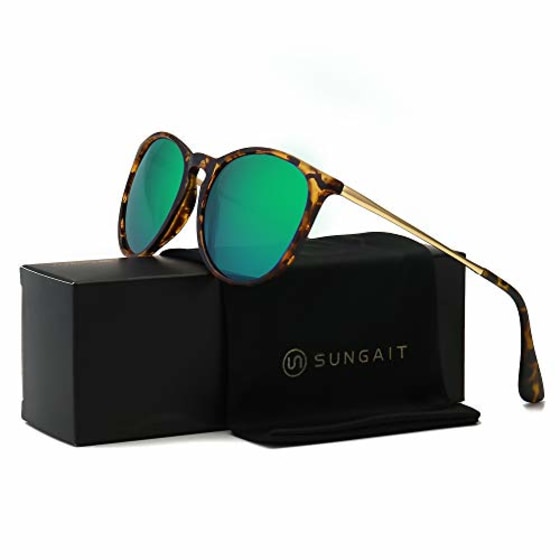 SUNGAIT Vintage Round Sunglasses for Women Classic Retro Designer Style (Amber Frame/Green Lens)