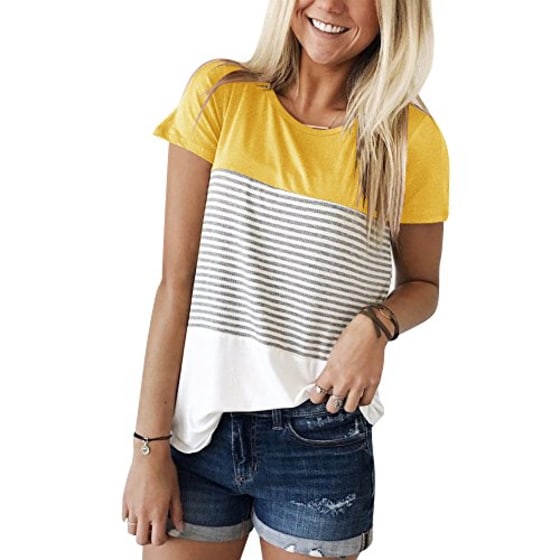 YunJey Short Sleeve Round Neck Triple Color Block Stripe T-Shirt Casual Blouse Yellow