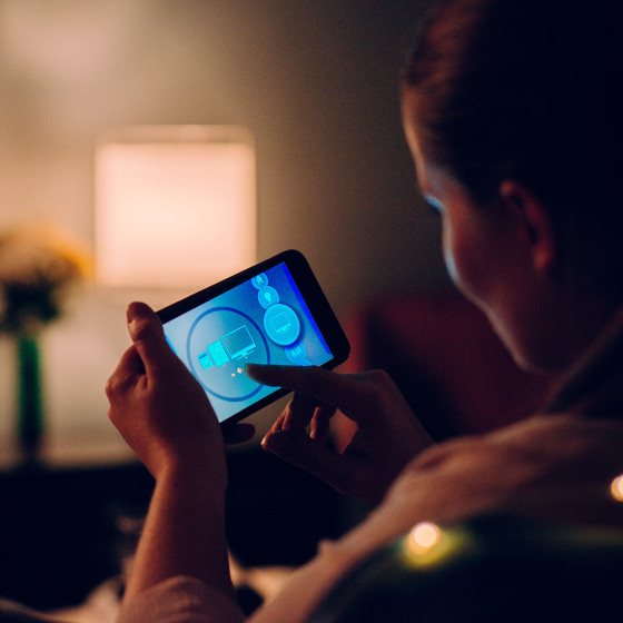 Woman using mobile app at home.