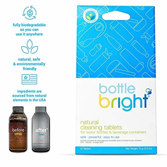 Bottle Bright (12 Tablets) - All Natural, Biodegradable, Chlorine &amp; Odor Free Water Bottle &amp; Hydration Pack Cleaning Tablets