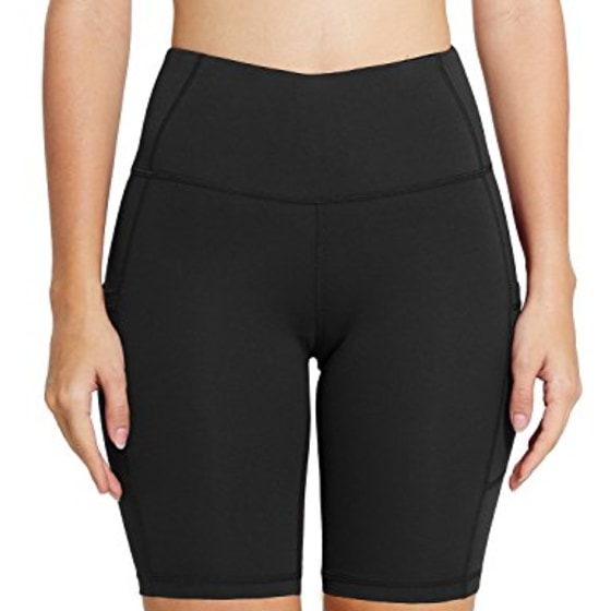 BALEAF Women&#039;s 8&quot; High Waist Biker Workout Yoga Running Compression Exercise Shorts Side Pockets Black Size M
