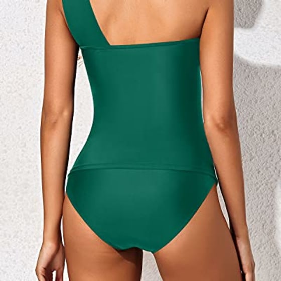 Tempt Me Grass Green Two Piece Tankini Bathing Suits for Women One Shoulder Swim Top with Shorts Swimsuits S