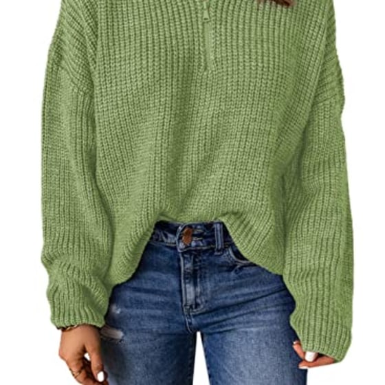 EVALESS Green Sweaters for Women Long Sleeve Waffle Knit Casual Tops for Women Fashion 1/4 Zipper Pullover Chunky Sweaters Warm Cozy Crew Neck Oversized Sweater Fall Winter Outfits Clothes,Medium Size