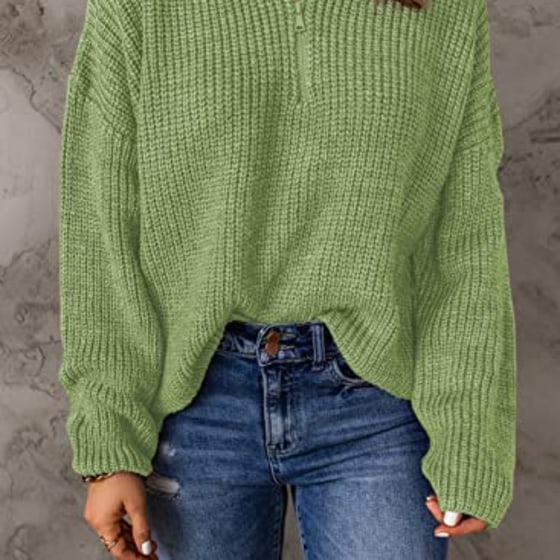 EVALESS Green Sweaters for Women Long Sleeve Waffle Knit Casual Tops for Women Fashion 1/4 Zipper Pullover Chunky Sweaters Warm Cozy Crew Neck Oversized Sweater Fall Winter Outfits Clothes,Medium Size