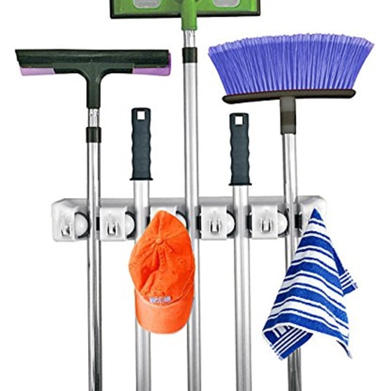 Home- It Mop and Broom Holder, 5 position with 6 hooks garage storage Holds up to 11 Tools, storage solutions for broom holders, garage storage systems broom organizer for garage shelving ideas (Amazon)
