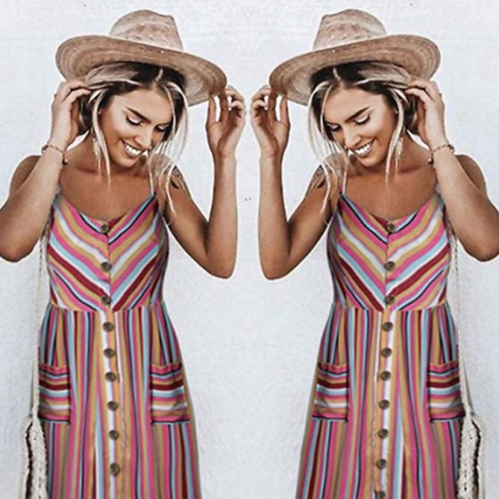 Angashion Bohemian Button Down Swing Midi Dress