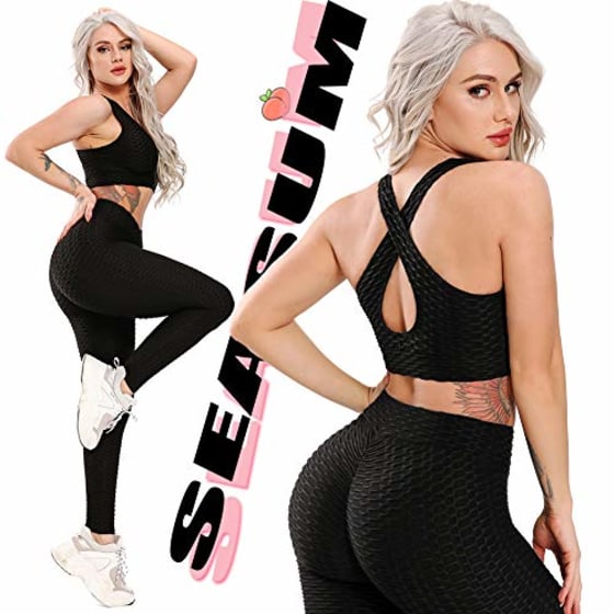 Women's High Waist Ruched Yoga Pants Tummy Control Textured Butt Lifting  Workout Leggings Stretchy Booty Scrunch Tights (Black, Large) 