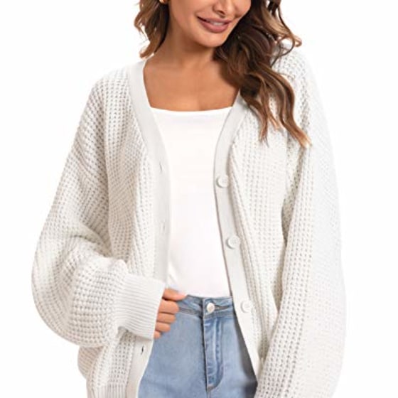QUALFORT Women&#039;s Cardigan Sweater 100% Cotton Button-Down Long Sleeve Oversized Knit Cardigans Off White Small