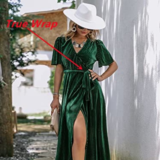 BerryGo Women&#039;s Semi Formal Velvet Wrap Dress Prom Cocktail Short Sleeve Swing Long Maxi Dress Emerald Green S