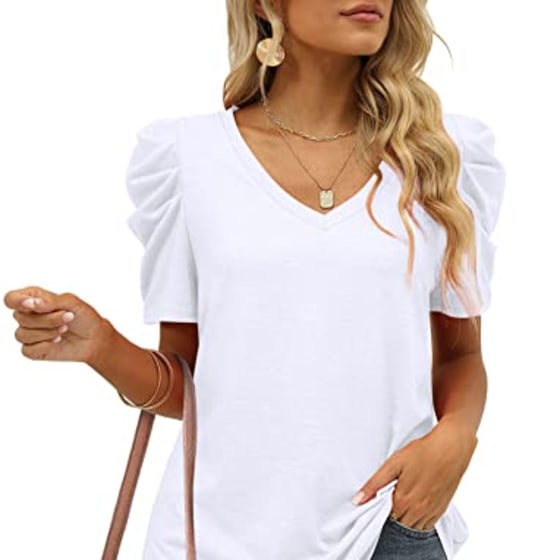 Womens Shirts Dressy Casual White T Shirts for Women V Neck Polyester Tshirts Soft S