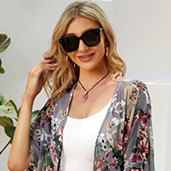 Women&#039;s Floral Print Puff Sleeve Kimono Cardigan Loose Cover Up Casual Blouse Tops (Dark Grey, S)