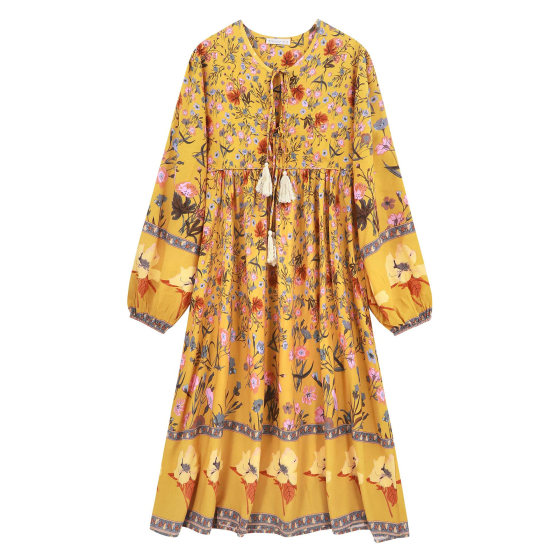 Long Sleeve Floral Bohemian Midi Dress