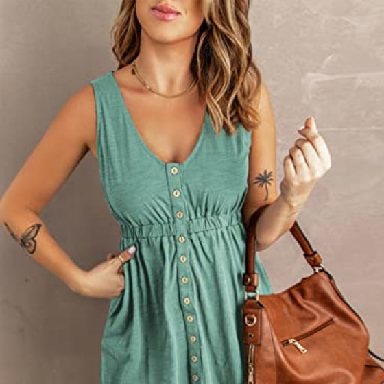 BTFBM Women Sleeveless Summer Dress 2023 Crewneck Ribbed Knit Ruffle Swing Button Down Beach Sun Mini Tank Short Dresses(Buttons Fruit Green, Medium)