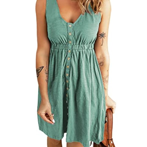 BTFBM Women Sleeveless Summer Dress 2023 Crewneck Ribbed Knit Ruffle Swing Button Down Beach Sun Mini Tank Short Dresses(Buttons Fruit Green, Medium)