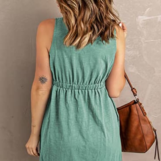 BTFBM Women Sleeveless Summer Dress 2023 Crewneck Ribbed Knit Ruffle Swing Button Down Beach Sun Mini Tank Short Dresses(Buttons Fruit Green, Medium)