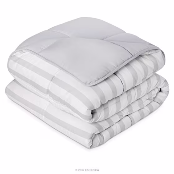 Linenspa All-Season Reversible Down Alternative Quilted Comforter - Hypoallergenic - Plush Microfiber Fill - Machine Washable - Duvet Insert or Stand-Alone Comforter - Grey/White Stripe - Queen