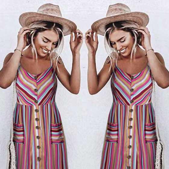 Angashion Bohemian Button Down Swing Midi Dress
