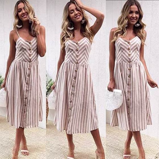 Angashion Bohemian Button Down Swing Midi Dress
