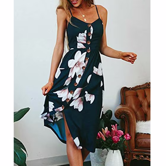 Angashion Bohemian Button Down Swing Midi Dress