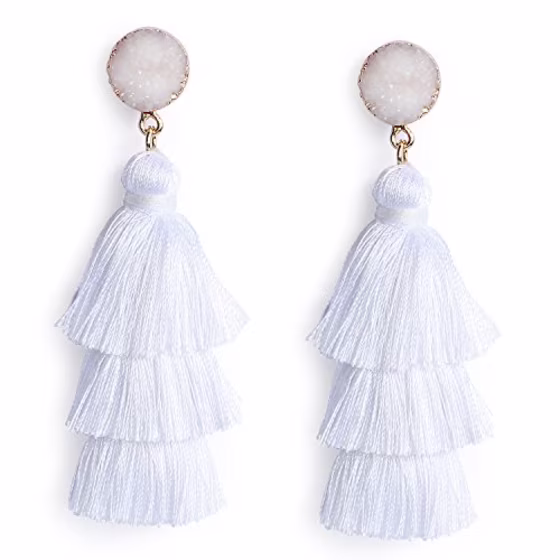 Me&Hz White Tassel Earrings Handmade Tiered Thread Summer Jewelry White Tassel Dangle Drop Earrings with Druzy Stud for Women