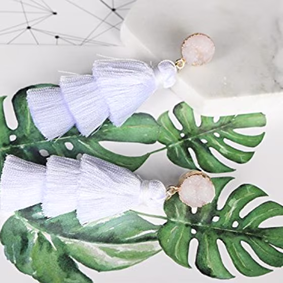 Me&Hz White Tassel Earrings Handmade Tiered Thread Summer Jewelry White Tassel Dangle Drop Earrings with Druzy Stud for Women