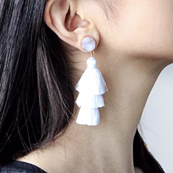Me&Hz White Tassel Earrings Handmade Tiered Thread Summer Jewelry White Tassel Dangle Drop Earrings with Druzy Stud for Women