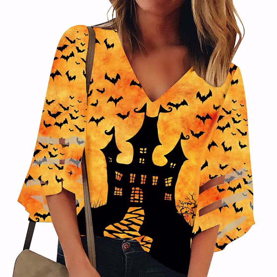 Halloween Mesh Panel Bell-Sleeve Blouse