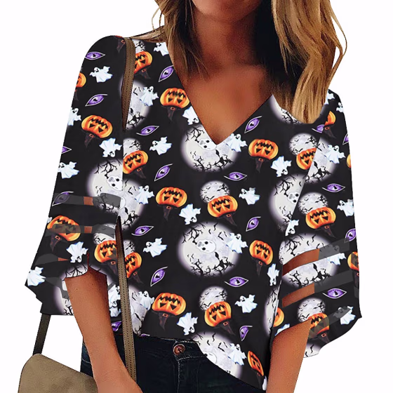Halloween Mesh Panel Bell-Sleeve Blouse