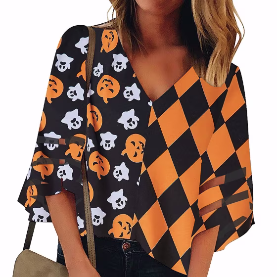 Halloween Mesh Panel Bell-Sleeve Blouse